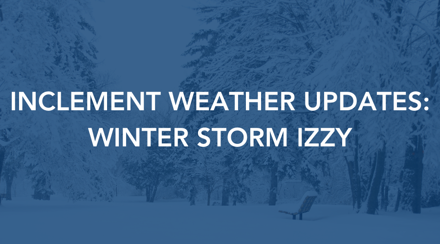 Winter Storm Izzy graphic with snow covered landscape