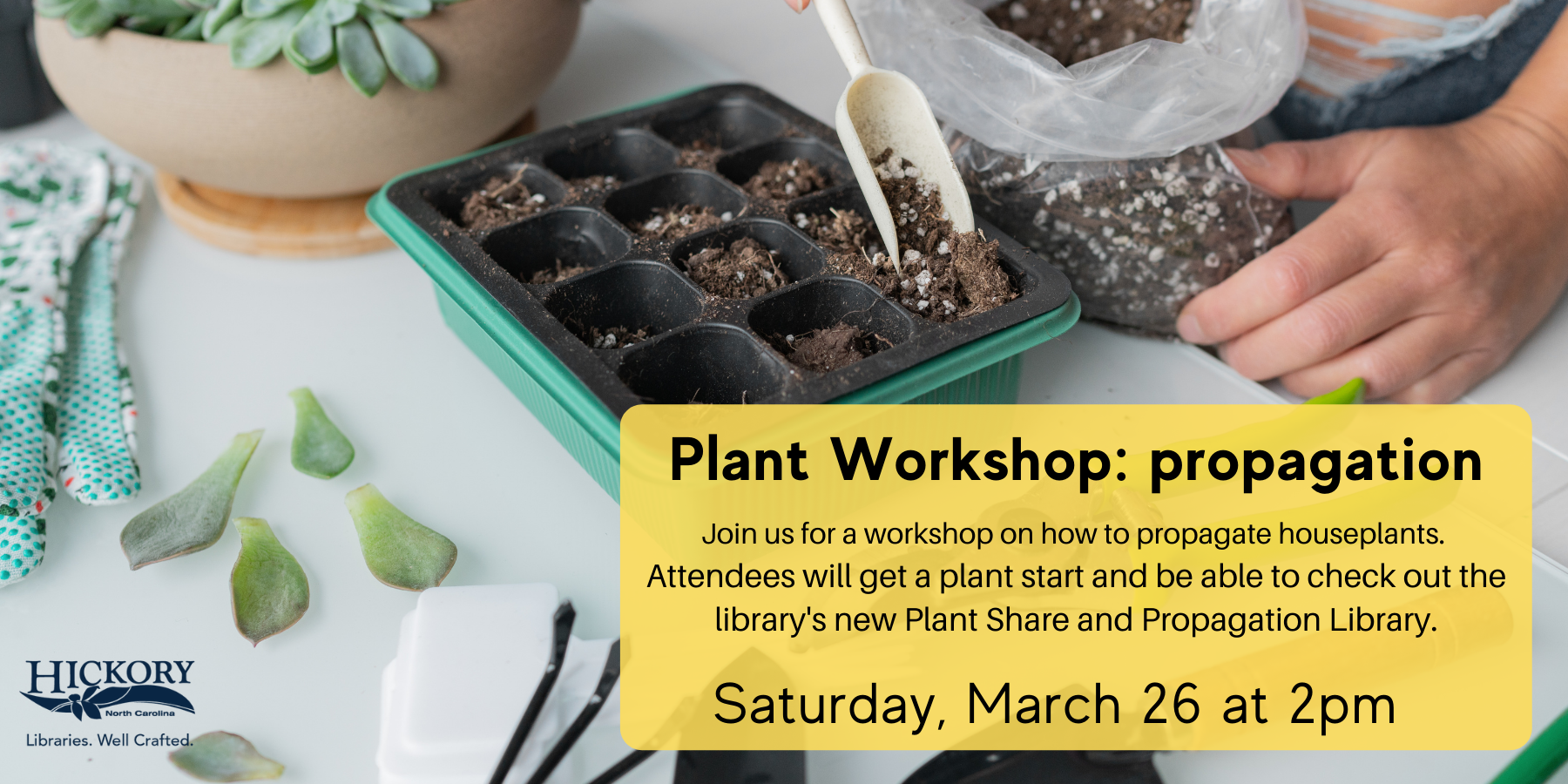 plant workshop flyer with image a person  working with soil