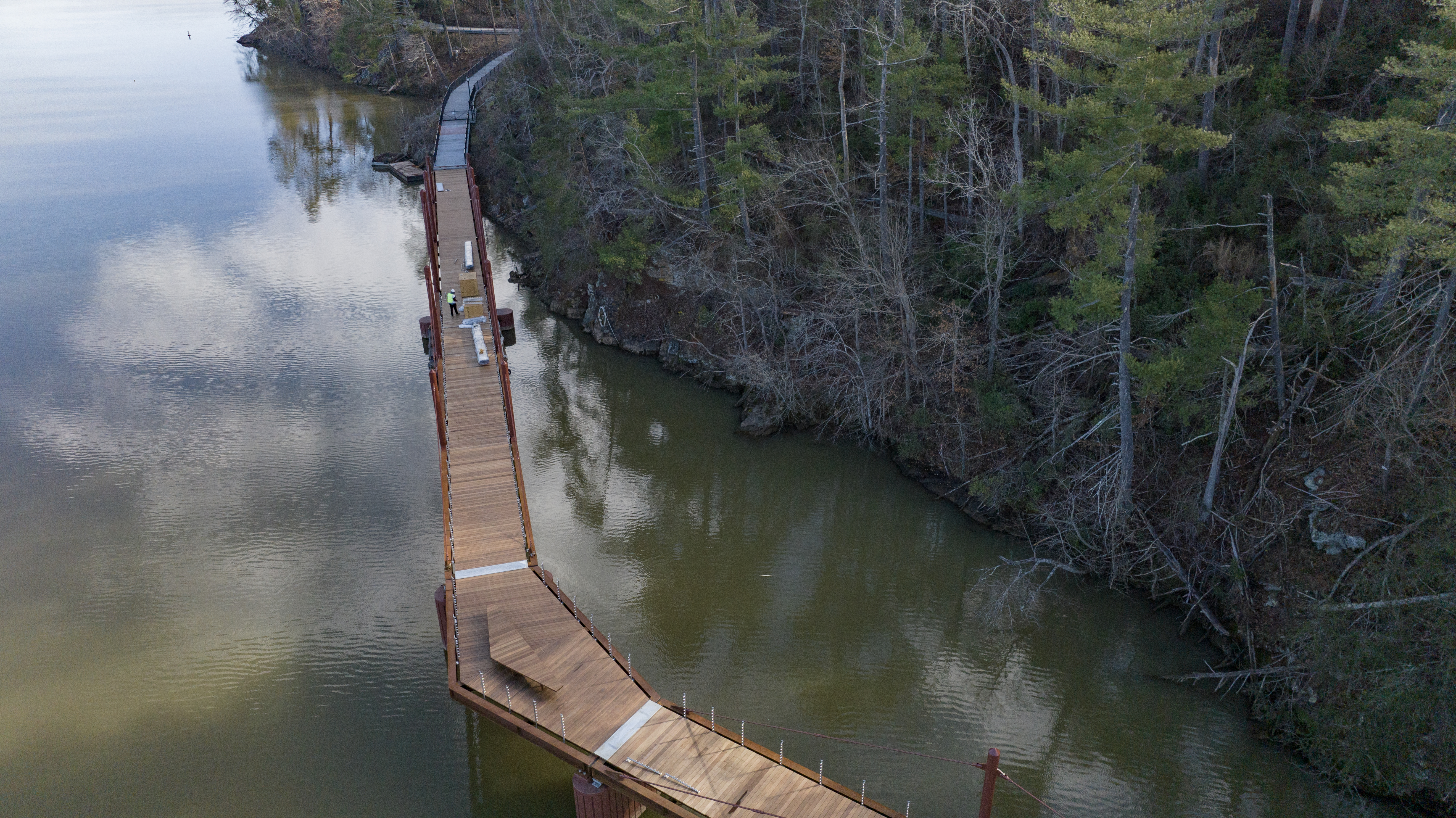 Aerial view of Riverwalk bridge on Lake Hickory