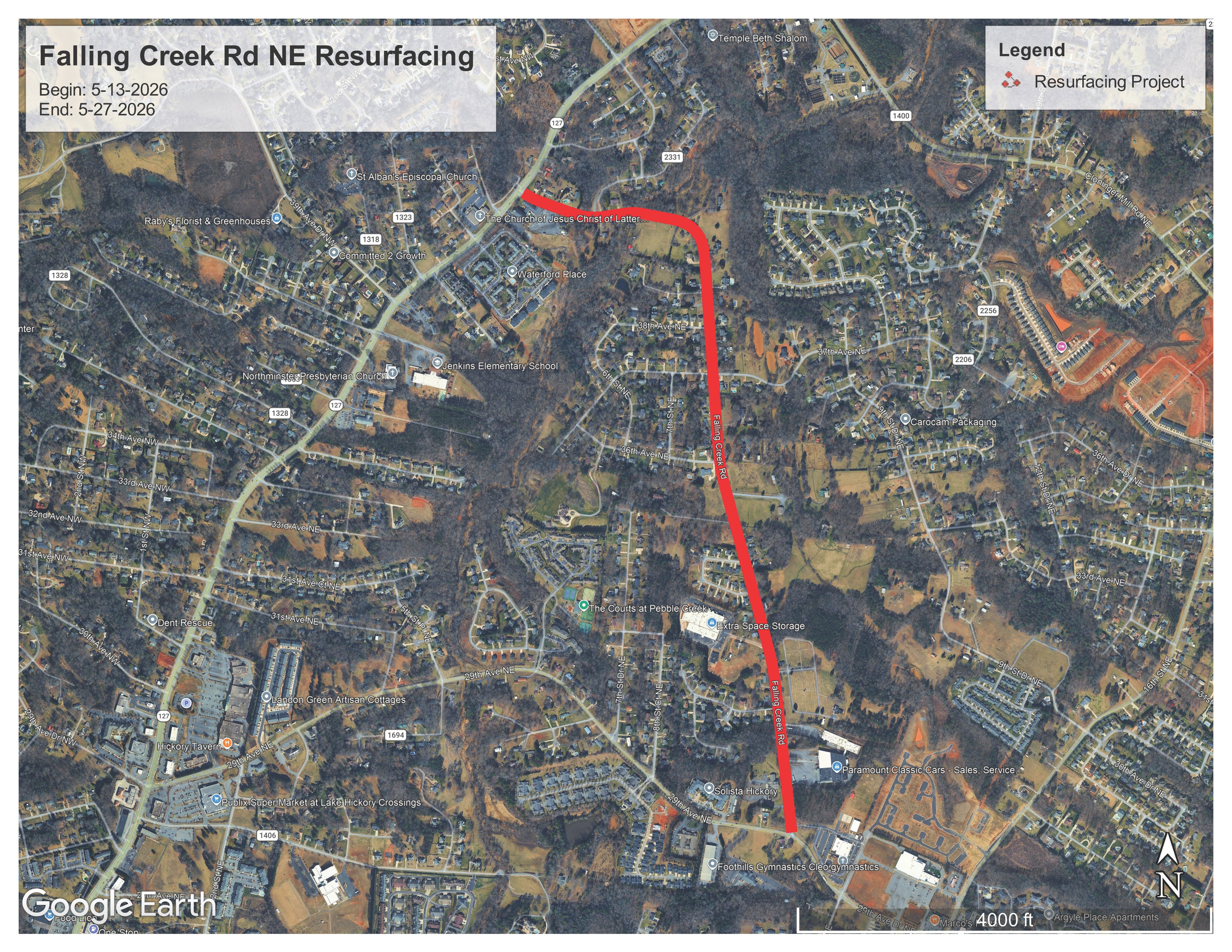 aerial map showing Falling Creek Road in Hickory
