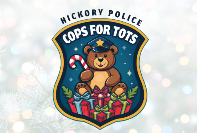 Cops for Tots logo on background of holiday lights and tree