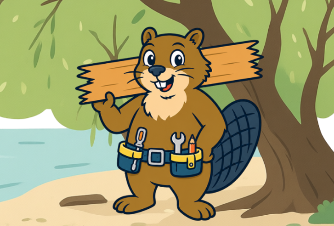 Chip, a cartoon beaver stands on a riverbank wearing a toolbelt and carrying a piece of wood