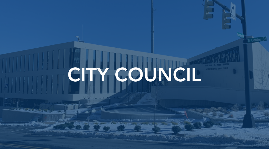City Council news graphic with snow-covered City Hall in background