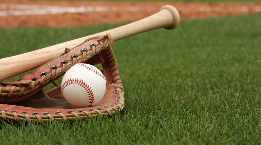 Baseball glove and bat on grass
