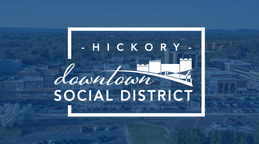 Hickory Downtown Social District logo over aerial photo of Union Square