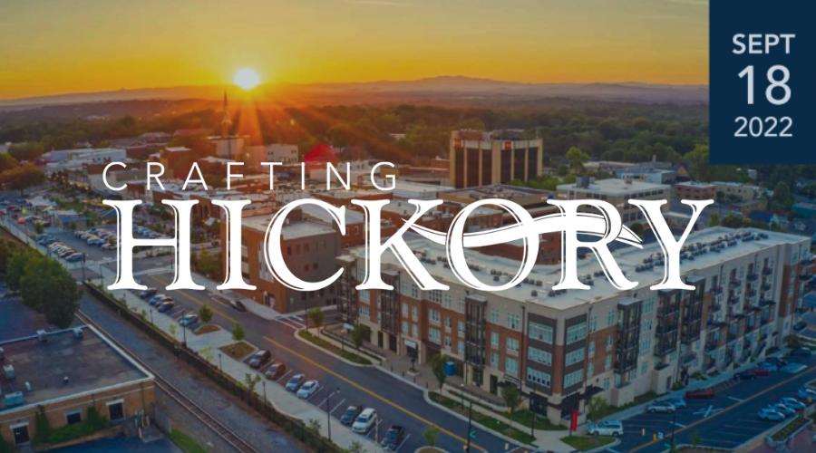 Crafting Hickory logo over aerial view of downtown Hickory