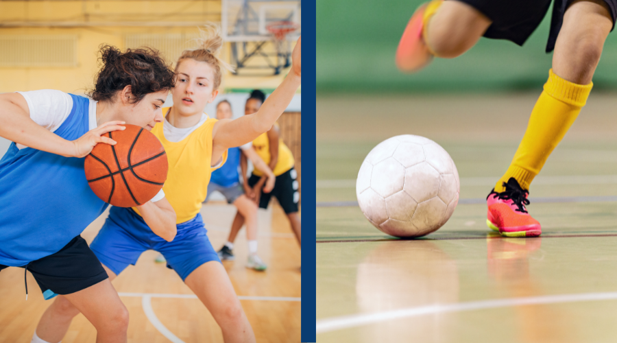 images of kids playing basketball and indoor soccer