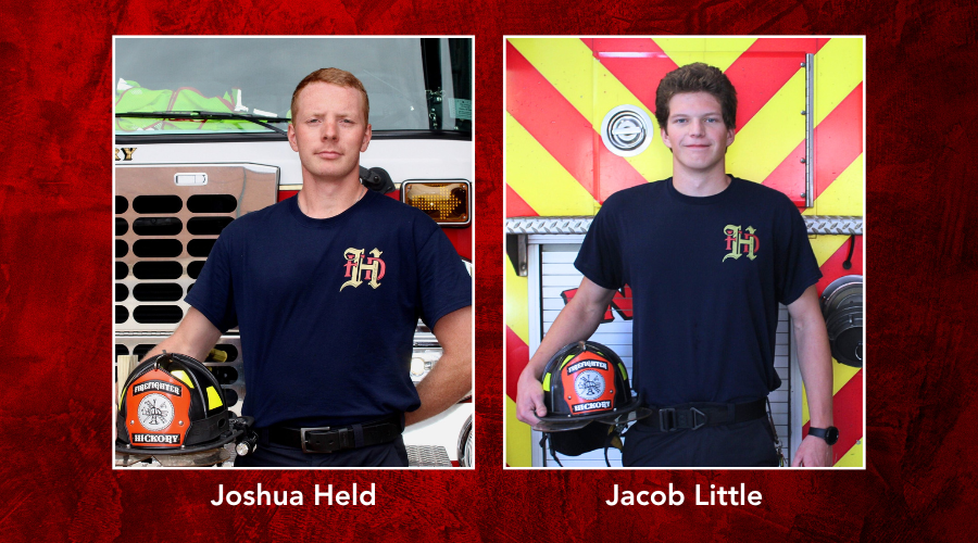 Photos of firefighters Joshua Held and Jacob Little on a red background