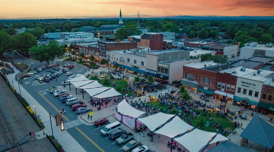 aerial view of renovated downtown Hickory during a Sails Original Music Series concert