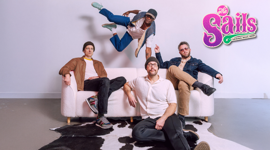 The Get Right Band members on a white couch