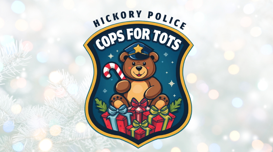 Cops for Tots logo on background of holiday lights and tree