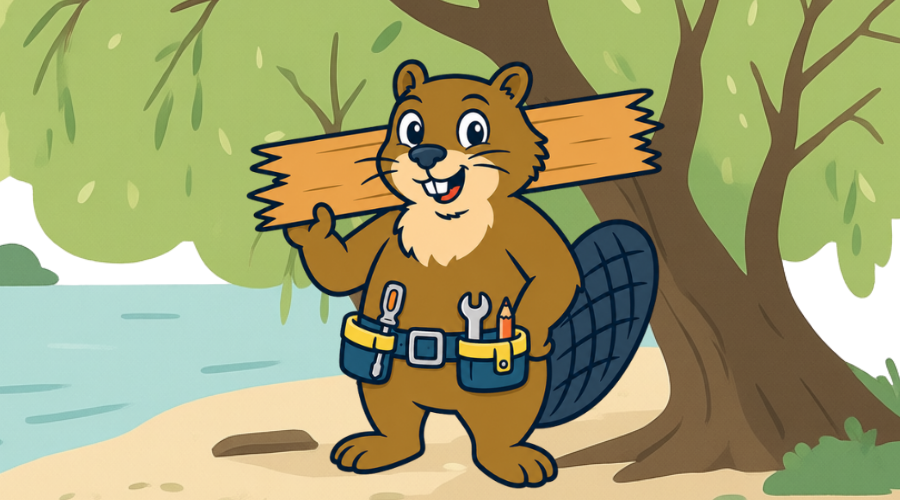 Chip, a cartoon beaver stands on a riverbank wearing a toolbelt and carrying a piece of wood